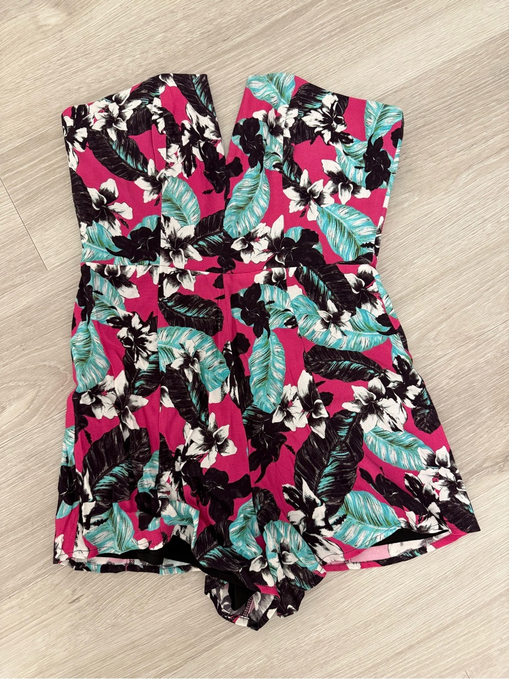 NBD Magenta Tropical Strapless Romper with Teal Leaf Print